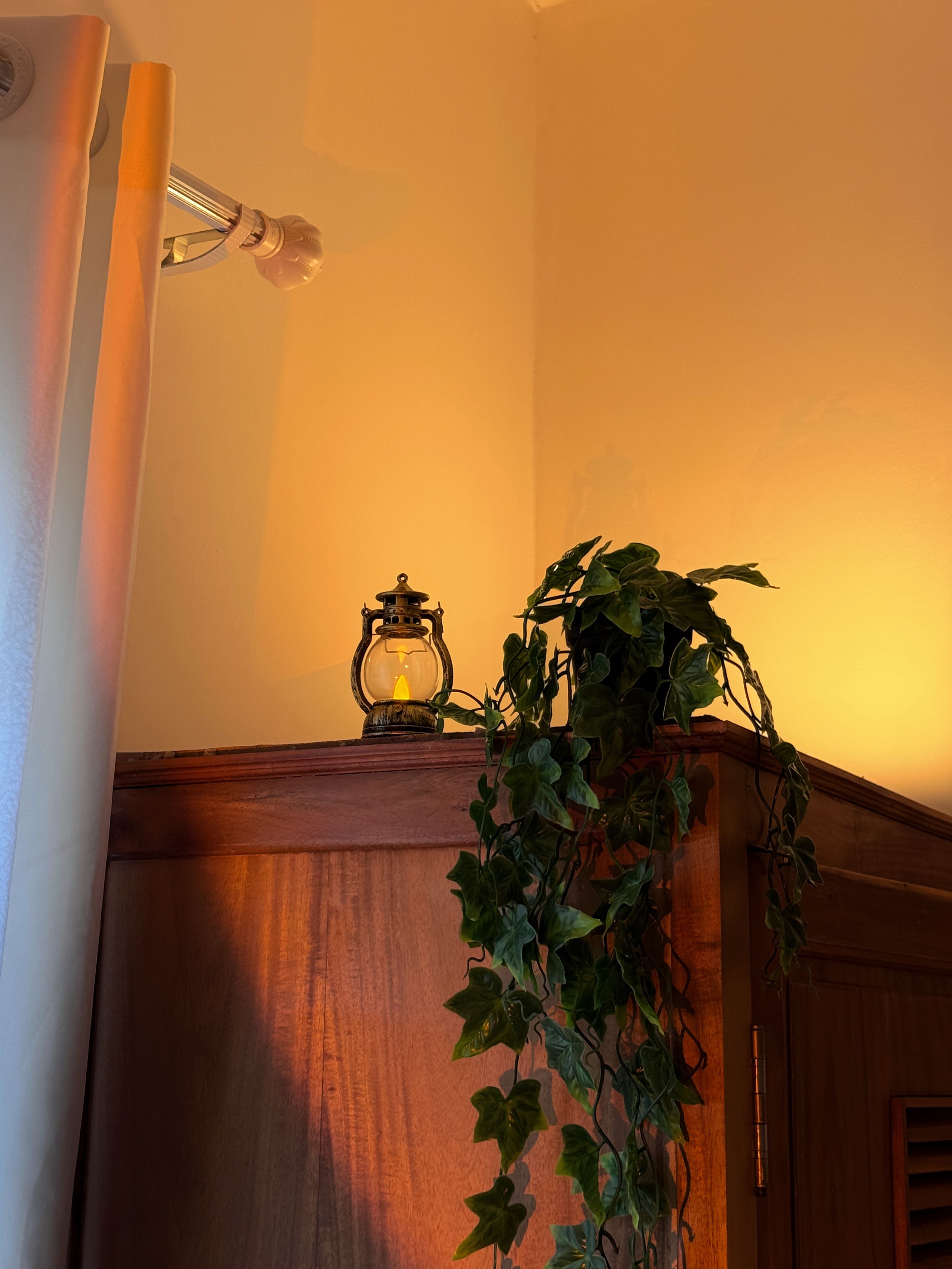 A wooden cabinet with a lantern and a potted plant on top.