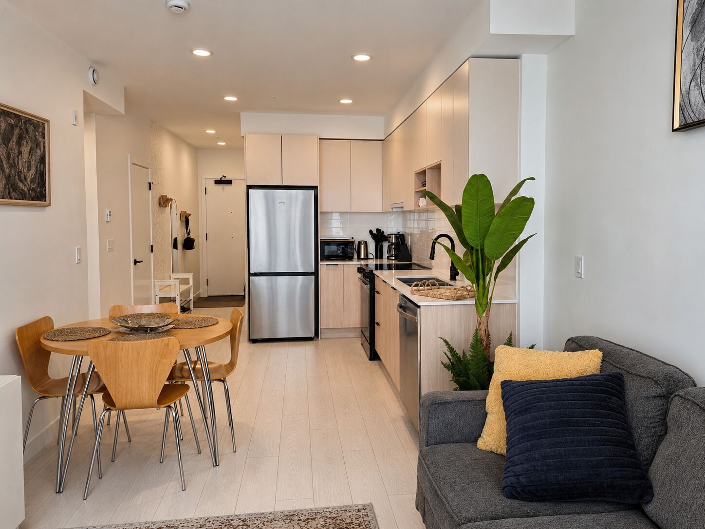 A modern kitchen with a stainless steel refrigerator, wooden cabinets, and a dining area with a round table and chairs.