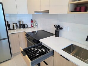 Fridge, microwave, stovetop, dishwasher