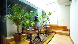 Un intérieur moderne avec un mur en verre, un banc en bois et des plantes en pot.