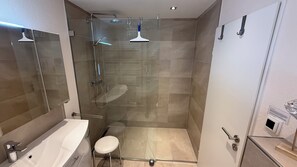 Shower, hair dryer, towels, soap