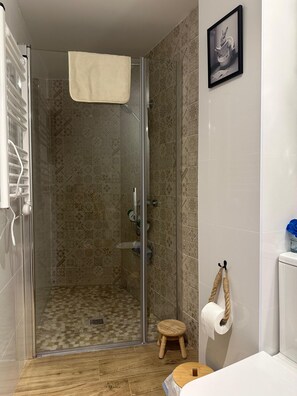 Een haardroger, handdoeken, zeep, toiletpapier