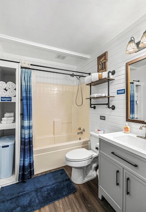 Hair dryer, towels, soap, toilet paper
