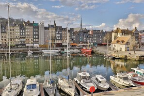 A marina with various boats docked, a waterfront promenade, and historic buildings in the background.
