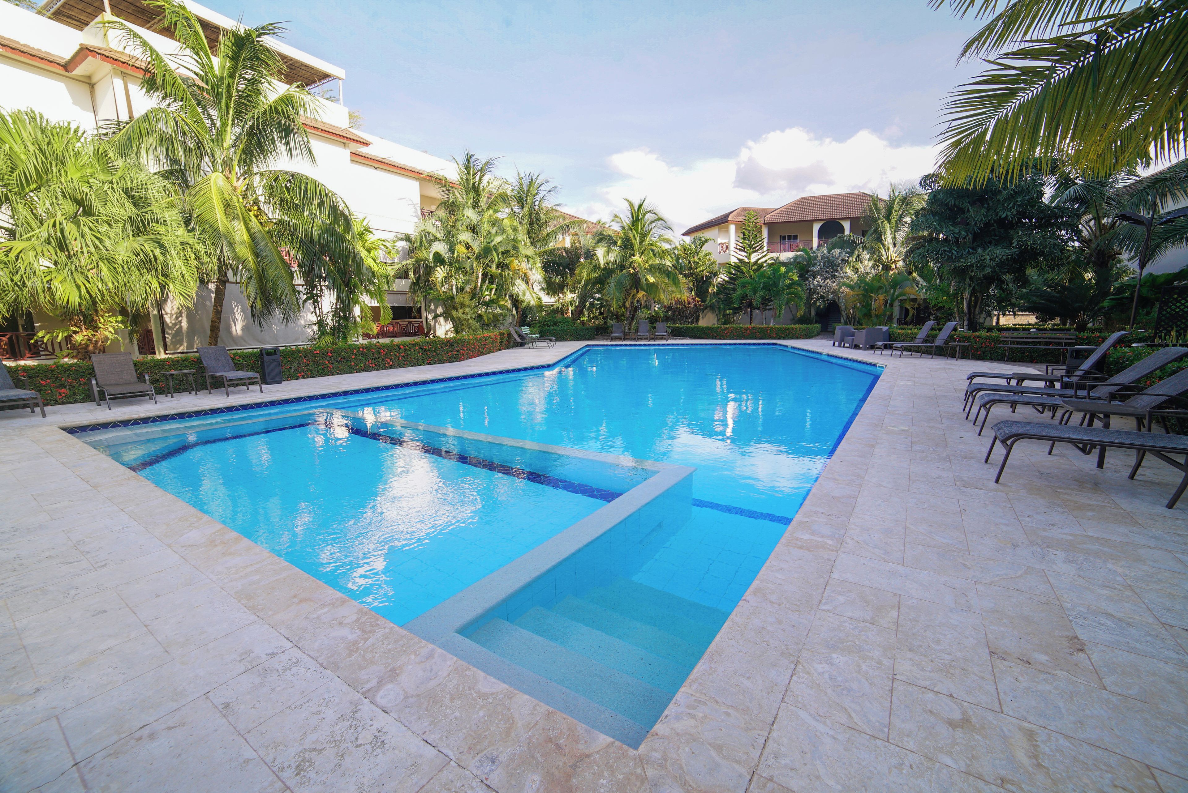 Une piscine à l’eau d’un bleu cristallin, entourée de chaises longues et de palmiers.