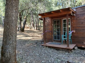 A wooden cabin with a porch, a door, and a window. -  Magical 1 bd cabin-a soothing Mokelumne Hill getaway: Center of the Universe. (Mokelumne Hill)