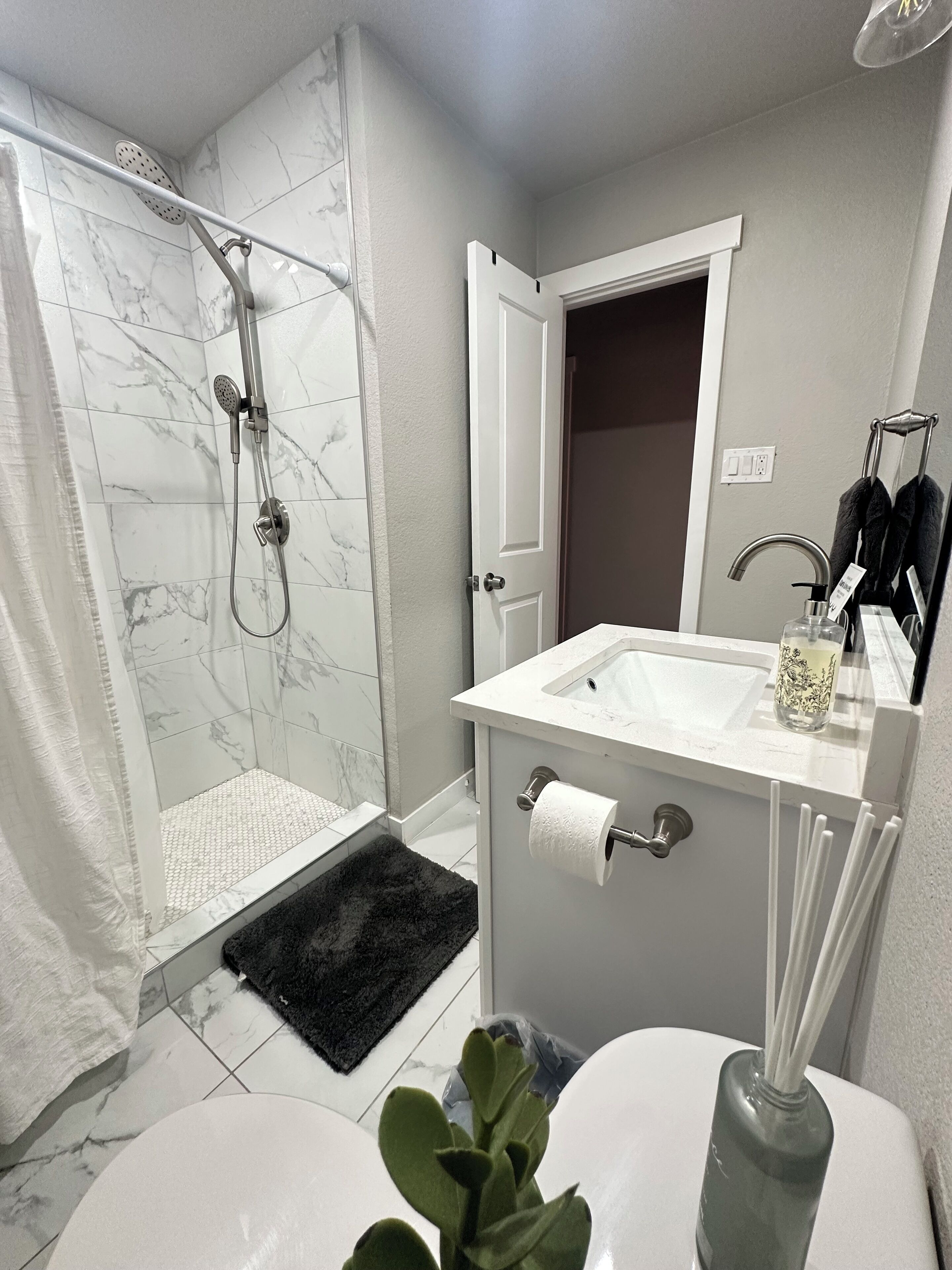 Shower, hair dryer, towels, soap