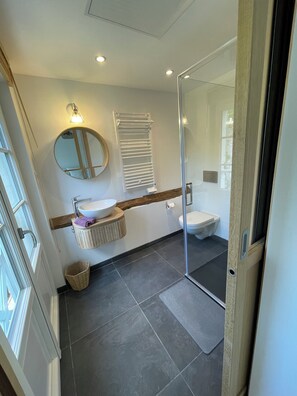 A bathroom with a round mirror, a sink with a basin, a toilet, and a glass shower enclosure. - Beautiful country house on the banks of the Aisne in a large, peaceful garden (Fontenoy)