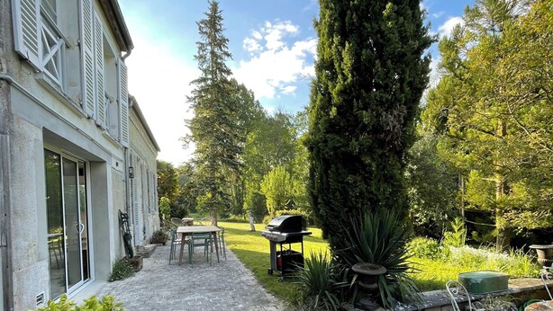 Une terrasse en pierre avec des meubles d’extérieur, un barbecue et un grand arbre à feuilles persistantes.