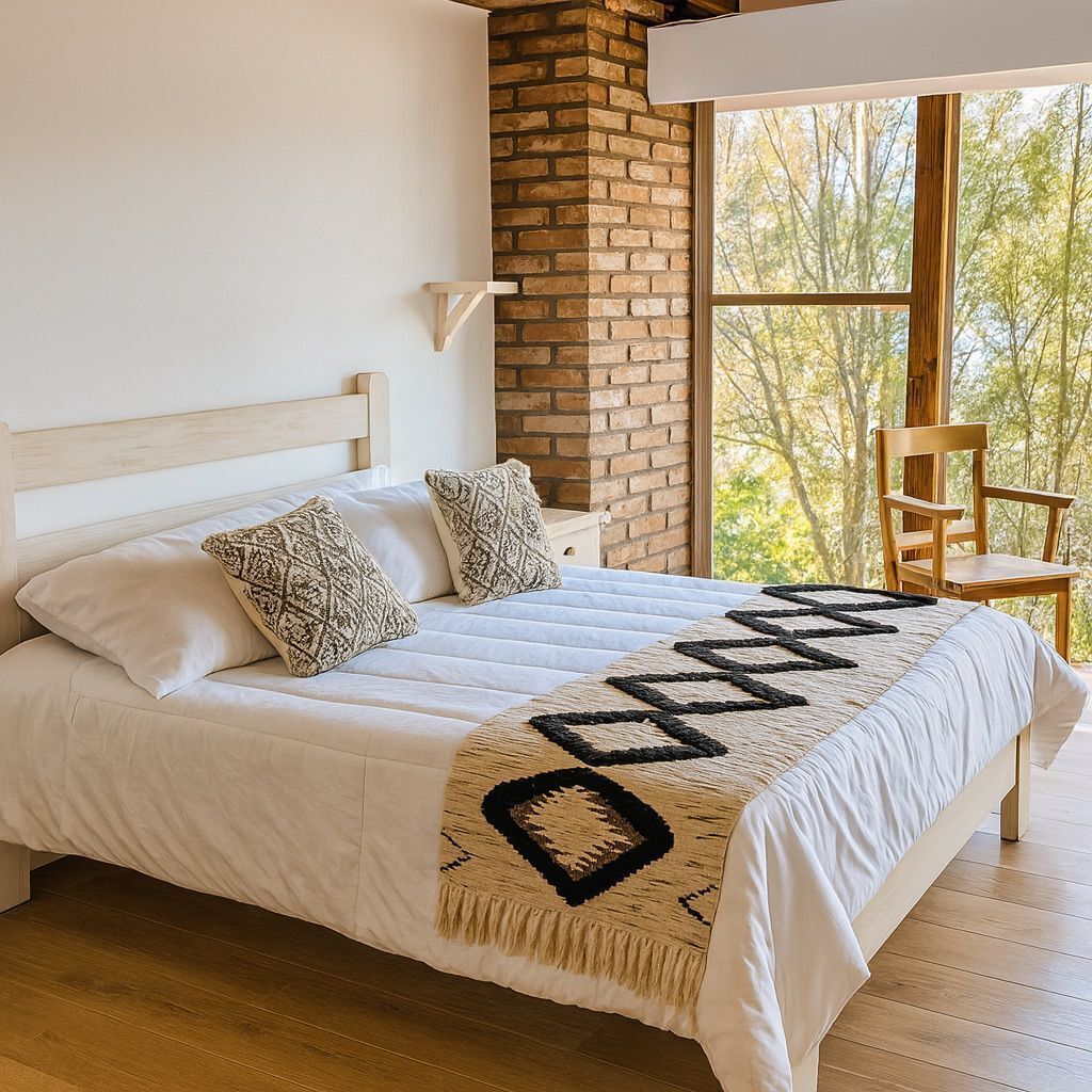 Ein Schlafzimmer mit einem großen Bett, einer Ziegelwand und einem Fenster mit Blick auf Bäume.