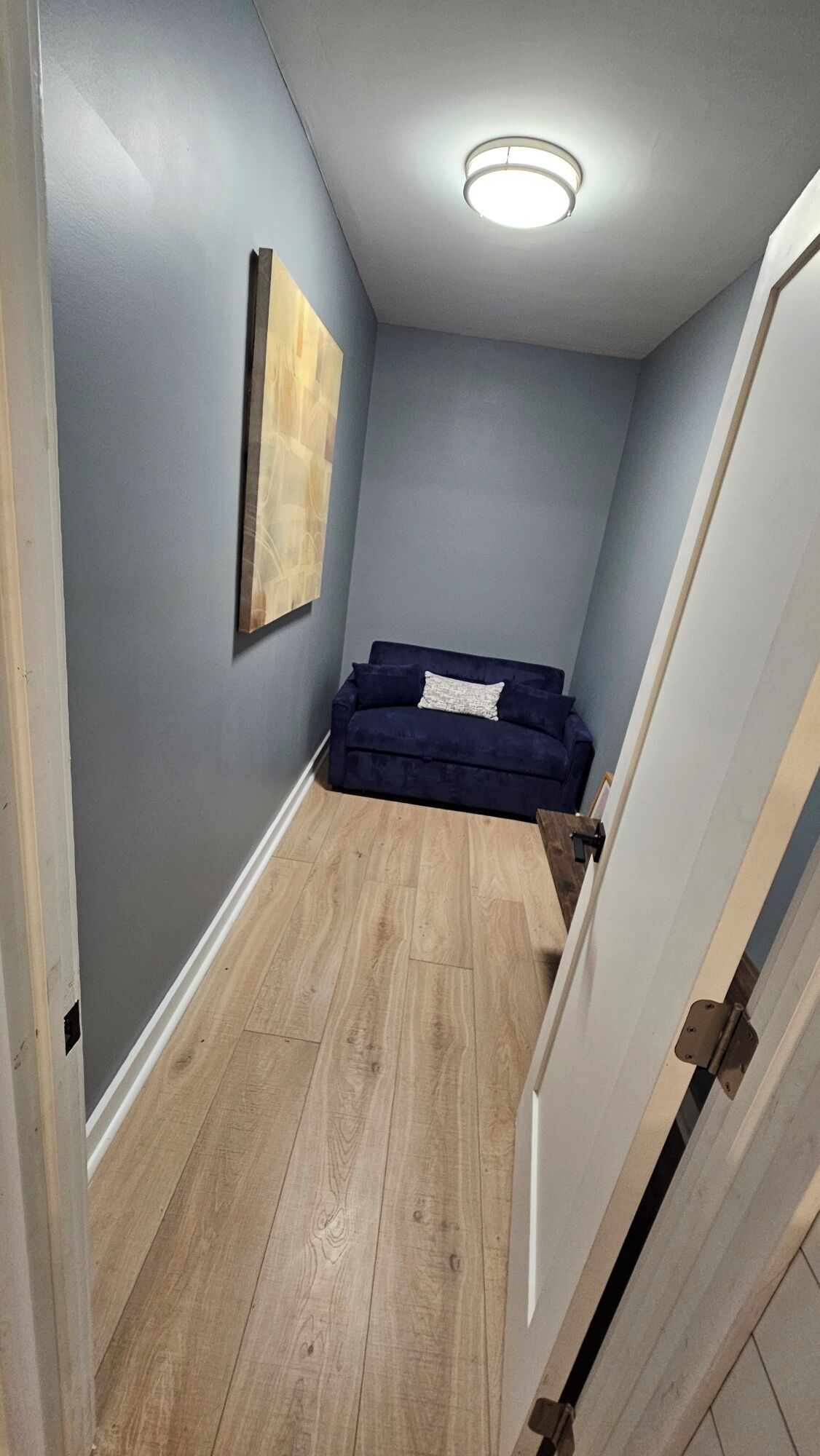 A narrow hallway with a dark blue sofa and a light-colored wall.