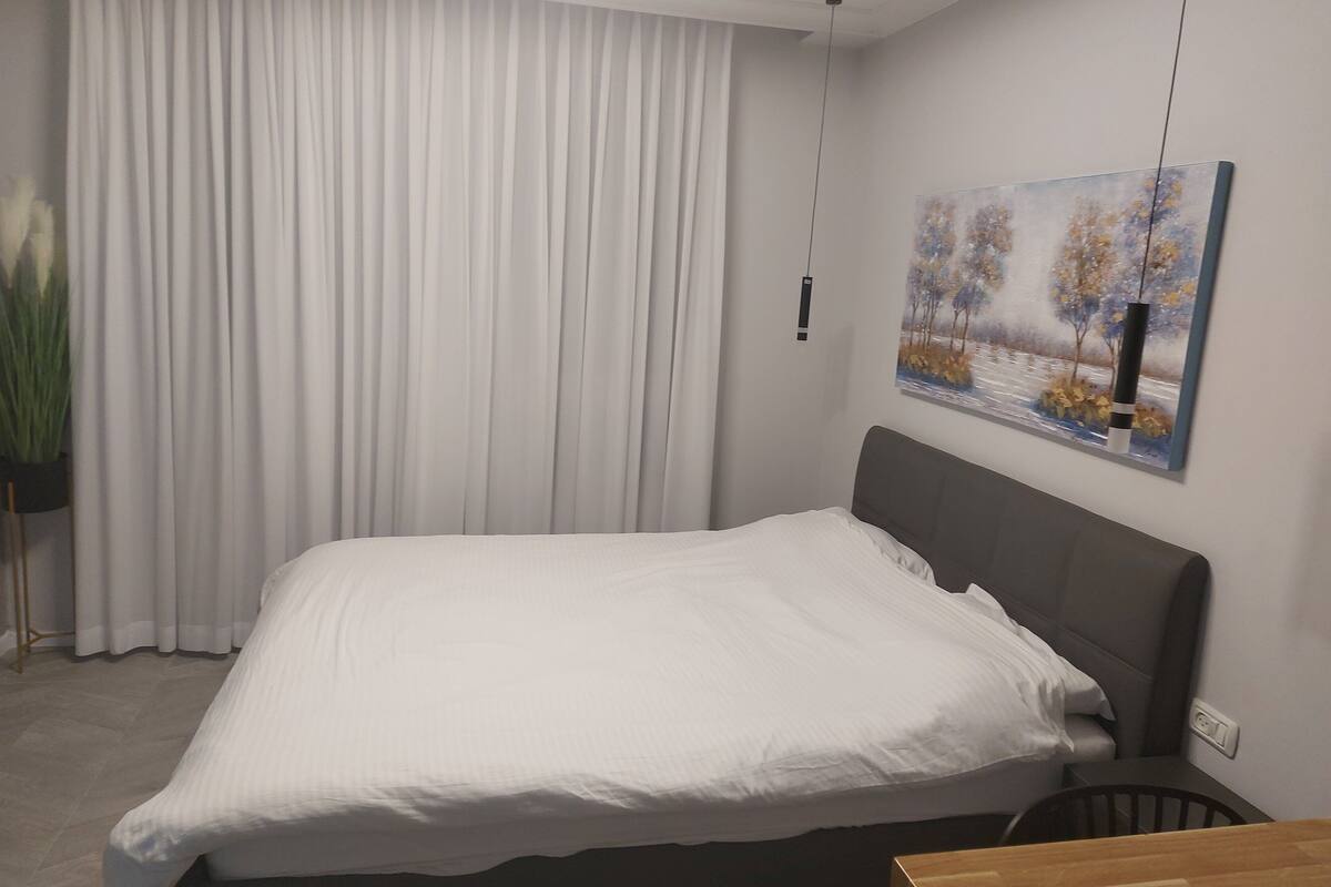 Un lit bien fait, avec une tête de lit grise, un tableau représentant des arbres accroché au mur et une grande fenêtre ornée de rideaux.