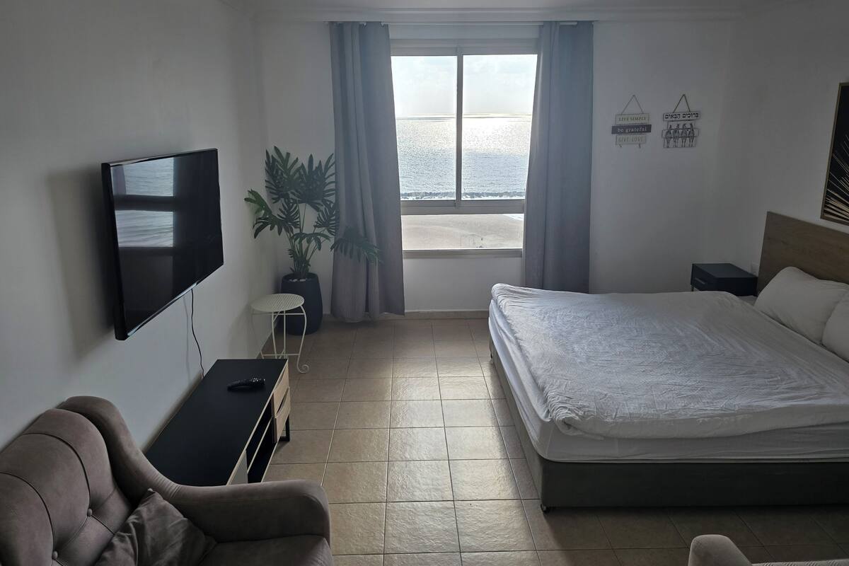 Une chambre d’hôtel avec un lit, une télévision, un bureau, une chaise, une plante et une vue sur la mer.