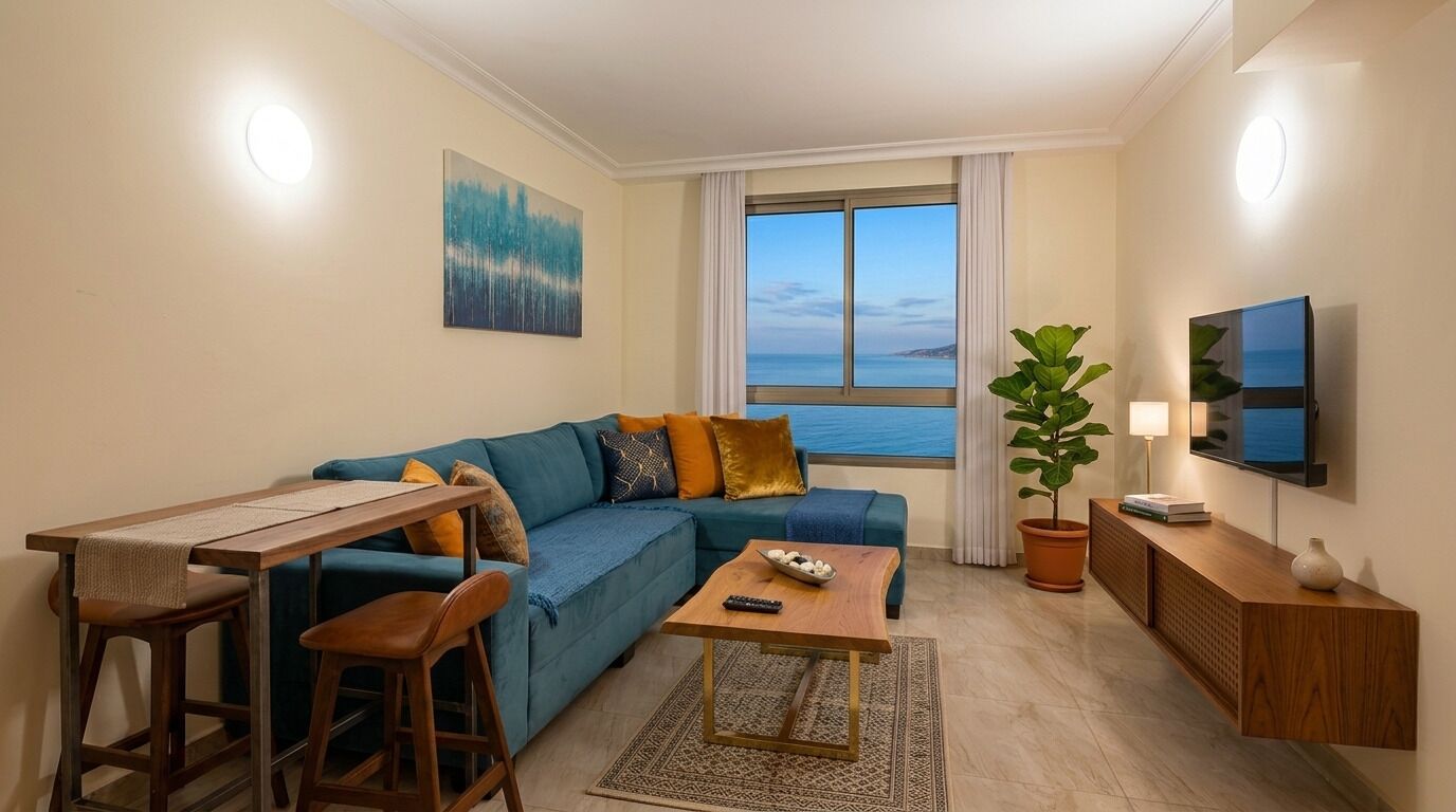 Uma sala de estar moderna com sofá, mesa de centro, televisão e uma grande janela com vista para o mar.