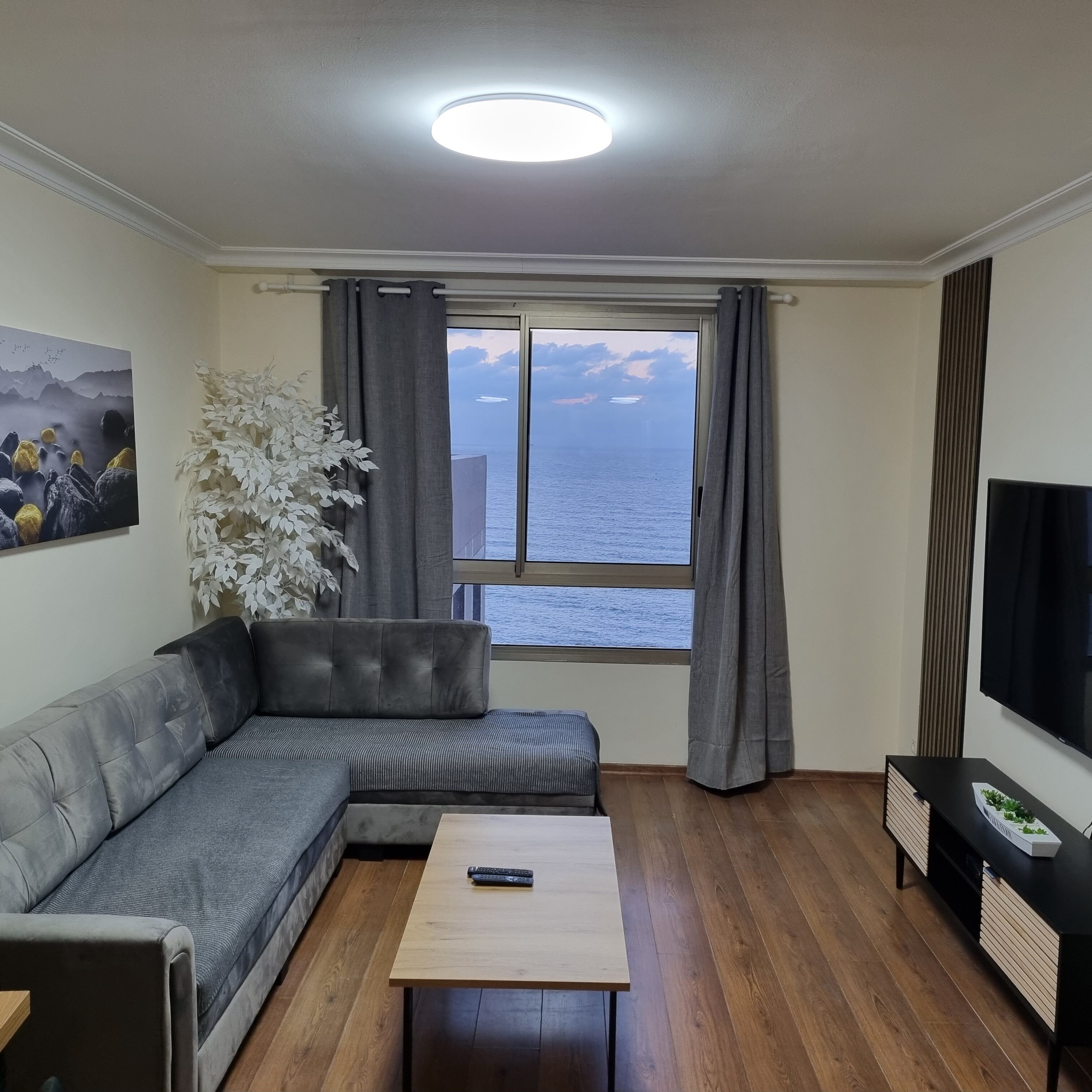 Een moderne woonkamer met een grijze modulaire bank, een houten salontafel, een flatscreen televisie op een zwart voetstuk, en een groot raam met gordijnen.