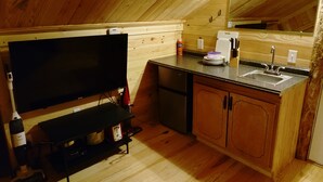 Une petite cuisine aux murs lambrés, équipée d’un téléviseur à écran plat, d’un évier et d’un réfrigérateur compact.