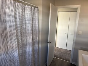 Hair dryer, towels, soap, toilet paper