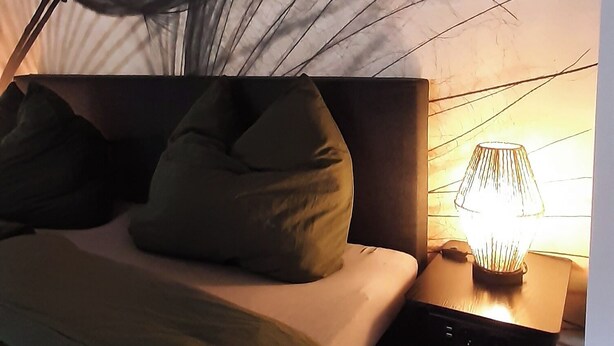 Ein Schlafzimmer mit einem Bett, Kissen, einem Nachttisch mit Lampe und einer Wand mit Blattform-Design.