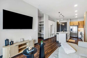 Télévision, cheminée, espaces bureaux