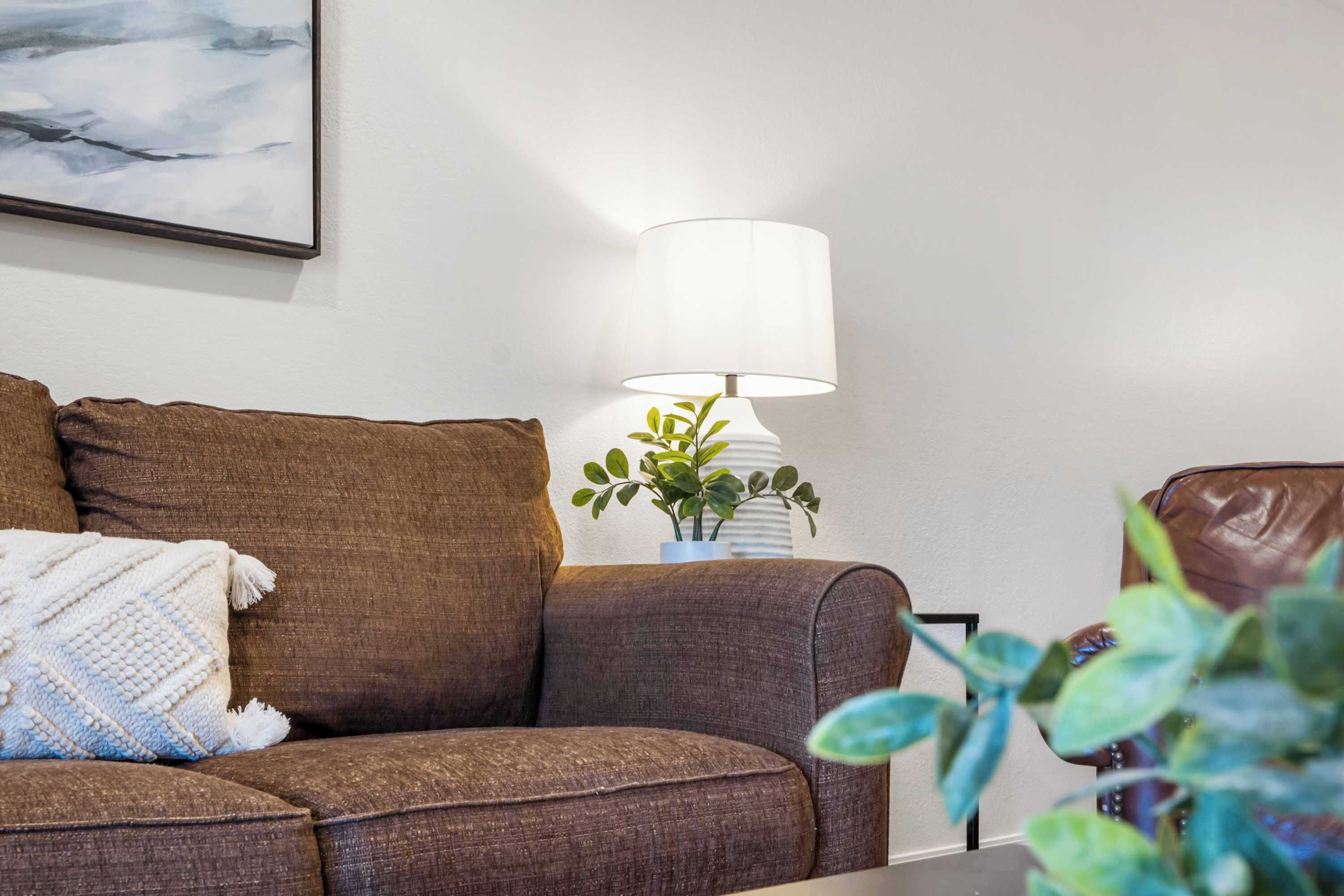 A living room with a brown sofa, a white lamp, and a small plant on a side table.
