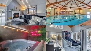 Ein modernes Interieur mit Kamin, Pool, Whirlpool und Blick ins Freie.