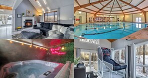 Ein modernes Interieur mit Kamin, Pool, Whirlpool und Blick ins Freie.