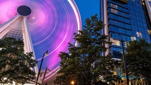 A Ferris wheel with a purple light display, surrounded by modern buildings and trees. - Walk to the 2026 FIFA games! (Atlanta)
