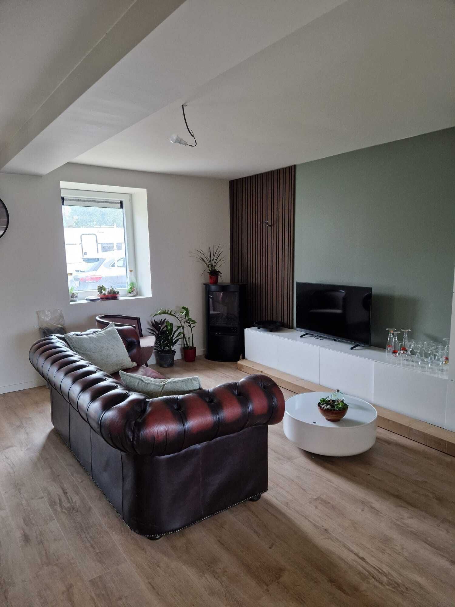 Una Smart TV, una chimenea, libros, una impresora