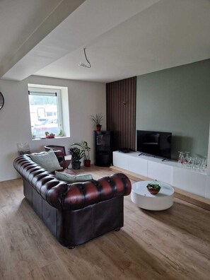 Smart TV, chimenea, libros y impresora 