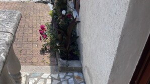 A stone staircase leading to a door with a doormat, a metal grate, and a small garden with flowers.