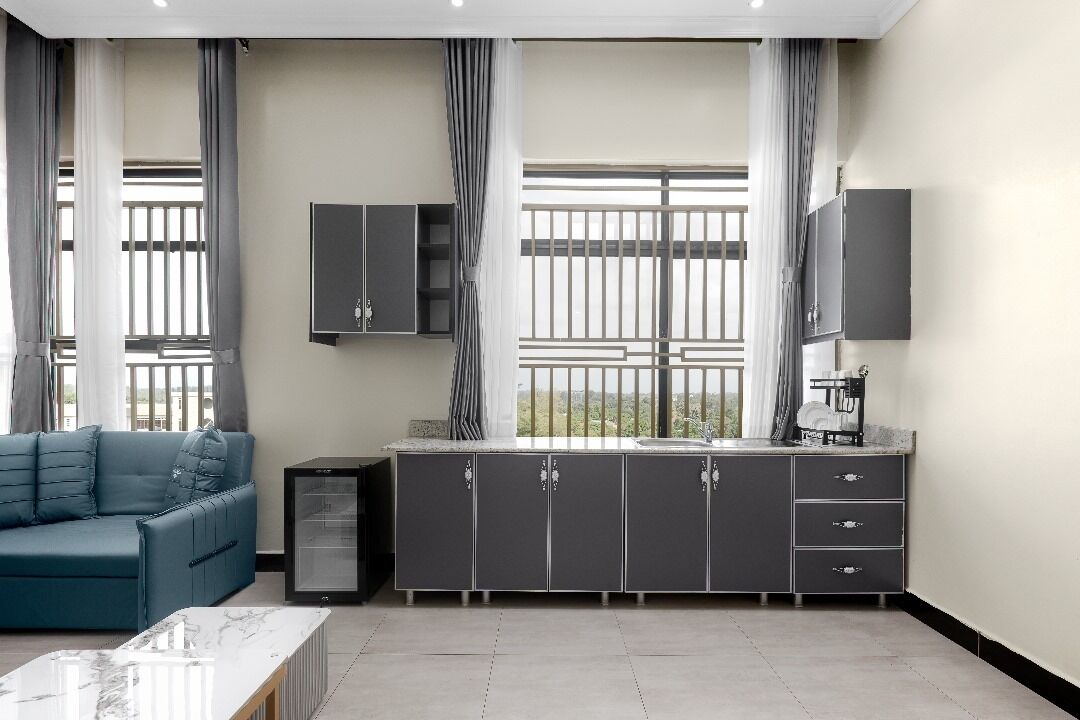 Desk, laptop workspace, blackout curtains, free WiFi