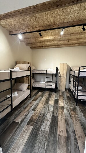 Une chambre avec un lit superposé, un plancher en bois et un plafond en pente.