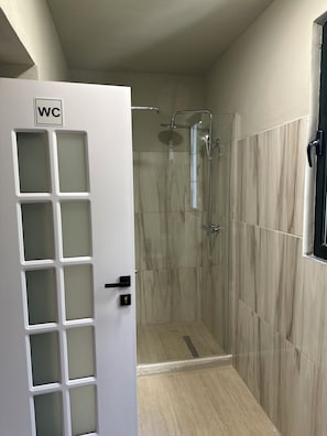 A bathroom with a shower, a toilet, and a WC.
