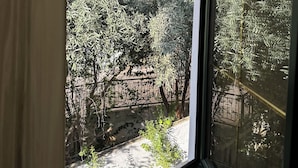 Vista desde una ventana a un patio con árboles y un muro de ladrillo.