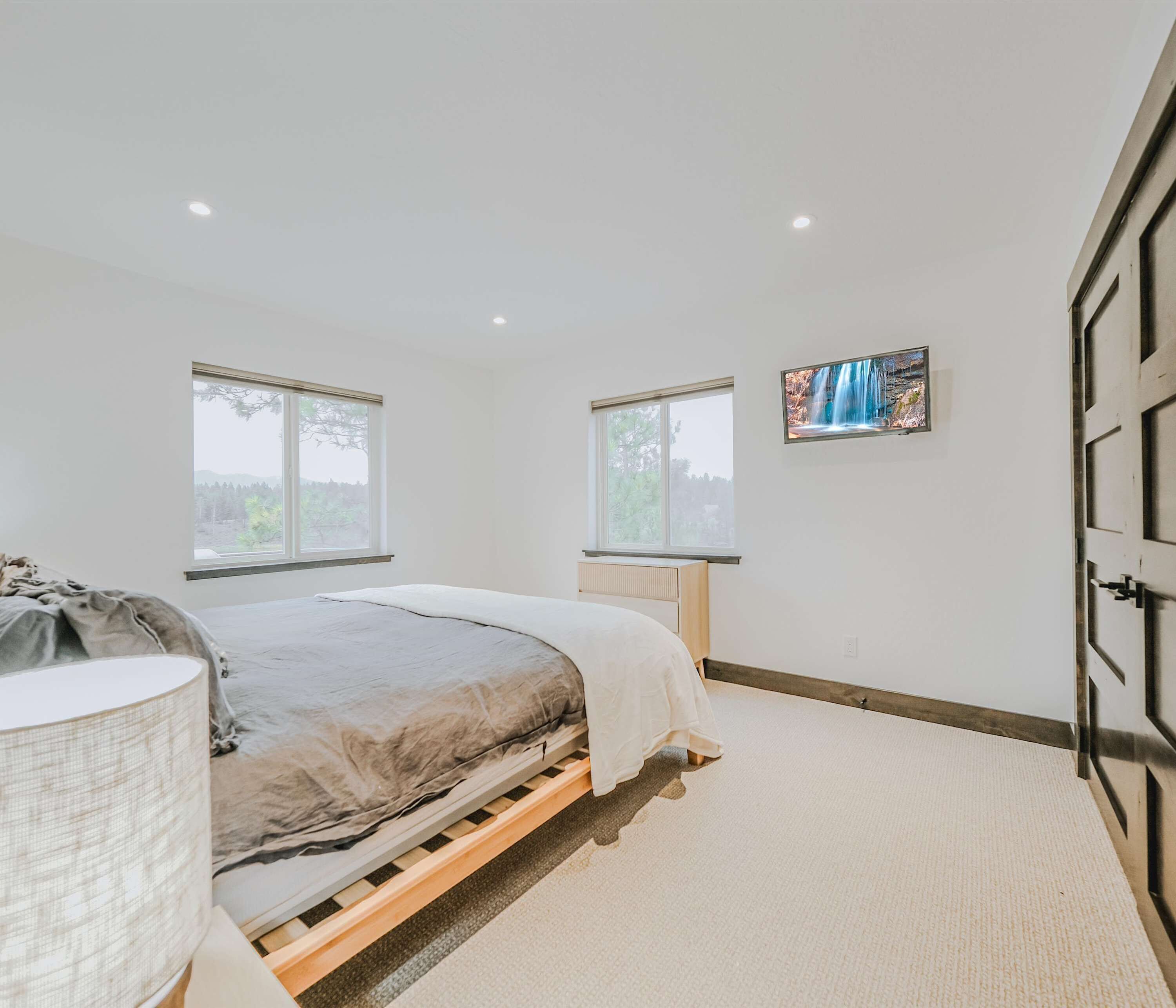 A bedroom with a bed, two windows, a TV, and a door.
