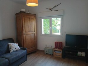 TV connectée, table de tennis de table, livres, chaîne hi-fi