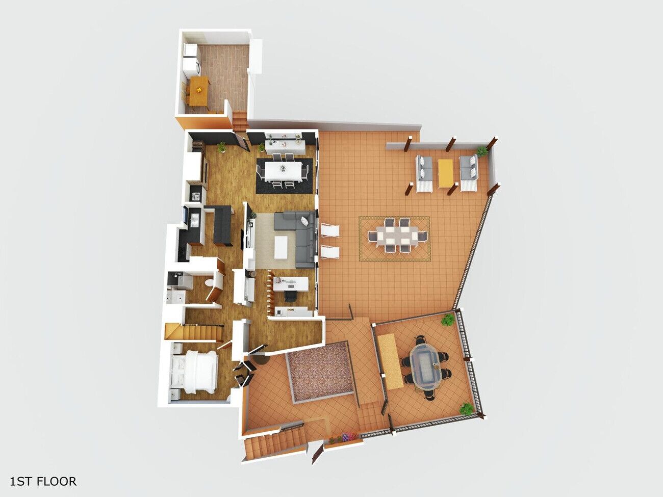 Indeling van de eerste verdieping met keuken, eetgedeelte, woonkamer en een klein buiten zitgedeelte.