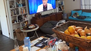 A living room with a television, bookshelves, a coffee table with drinks, and a basket of lemons. - Short walks to Beach & Town. Large deck with BBQ. Super Fast Internet, 85" Tele (Whangamatā)