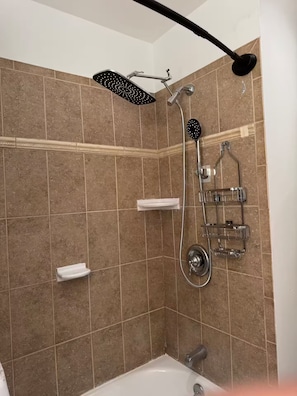 Hair dryer, towels, soap, toilet paper