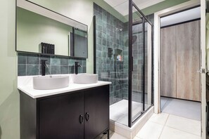 Douche, serviettes fournies, papier toilette
