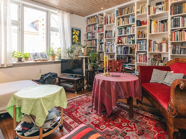 A cozy living room with a bookshelf, a television, a red sofa, and a patterned rug.