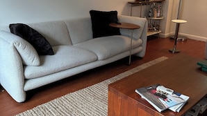 A living room with a grey sofa, a wooden coffee table, and a striped rug. - Serene 2-bedroom apartment with AC in vibrant Bronx neighborhood (bronx)