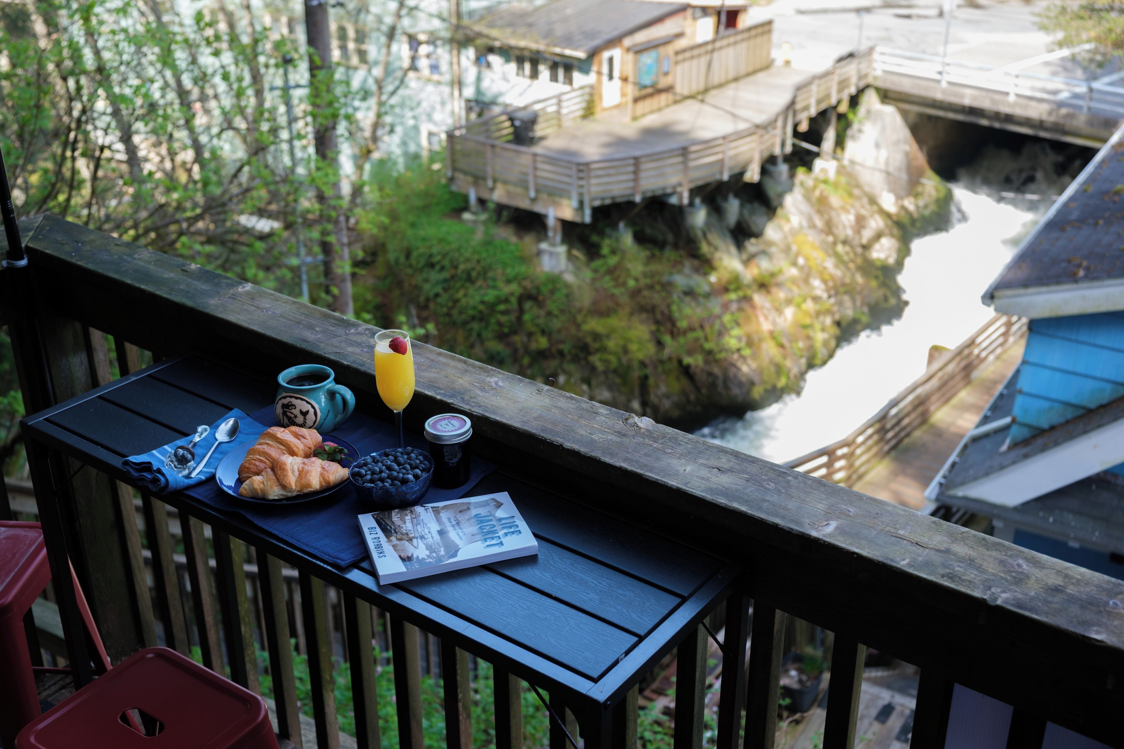Your deck directly overlooks the famous salmon ladder.