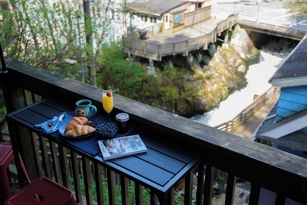 Your deck directly overlooks the famous salmon ladder.
