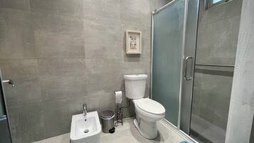 Shower, hair dryer, bidet, towels