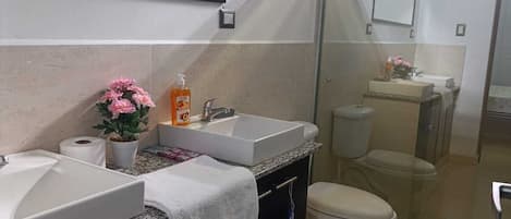 Serviettes fournies, savon, papier de toilette