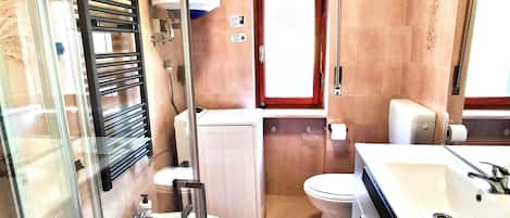 Shower, hair dryer, bidet, towels