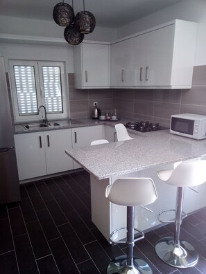 Fridge, microwave, stovetop, electric kettle