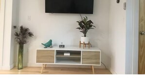 A room with a flat-screen TV mounted on the wall, a white console table with drawers, a potted plant, and a decorative bird figurine. - Entire House. 2+ bed, 2 bath near Lake & bikeway (Burlington)