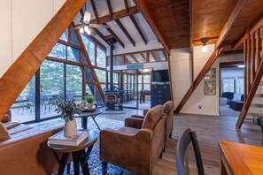 Smart TV, fireplace, DVD player, books